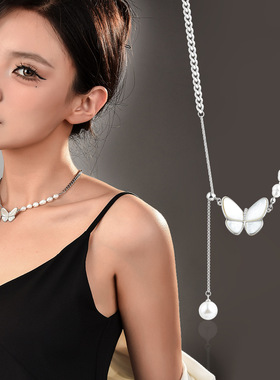 珍珠蝴蝶项链女轻奢小众设计感拼接奇异珍珠锁骨链颈链毛衣链