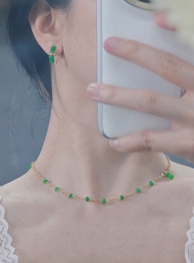 绿肥红瘦~新中式原创设计耳环耳钩女美国进口14k包金不掉色绿玉髓