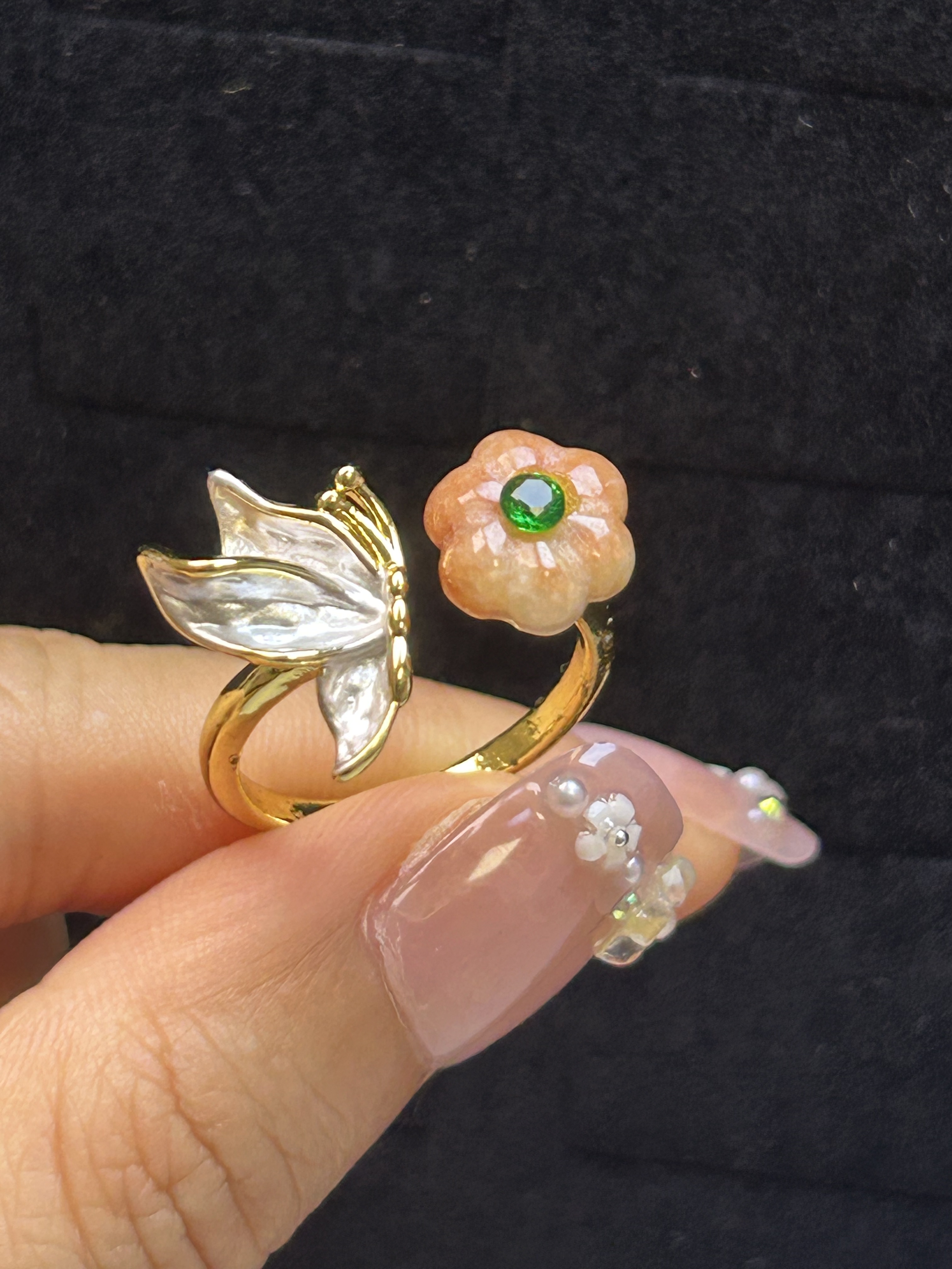 Retro flower ring women's niche personality opening adjustable Myanmar A-grade jade butterfly love flower ring 814123