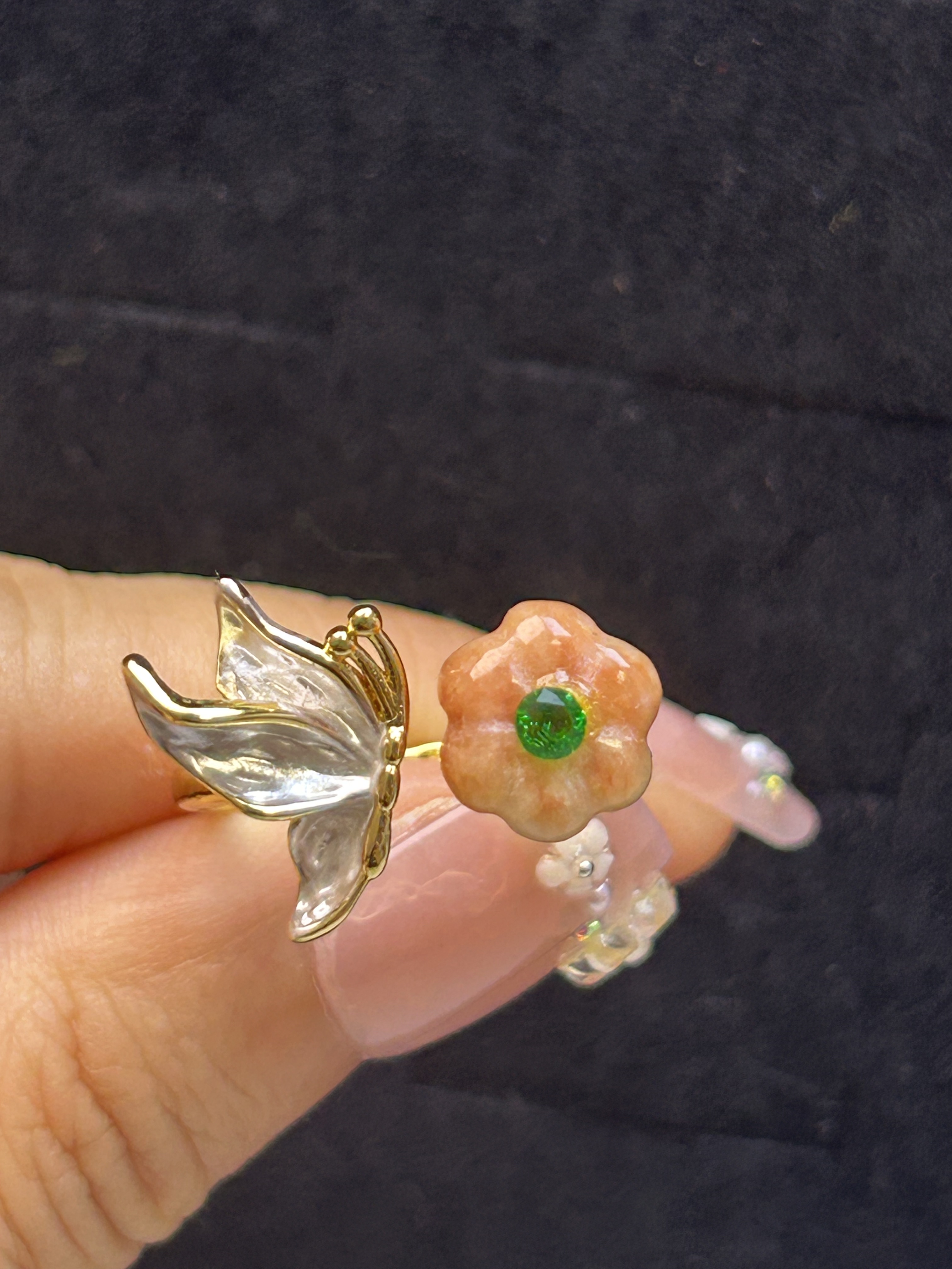 Retro flower ring women's niche personality opening adjustable Myanmar A-grade jade butterfly love flower ring 814123