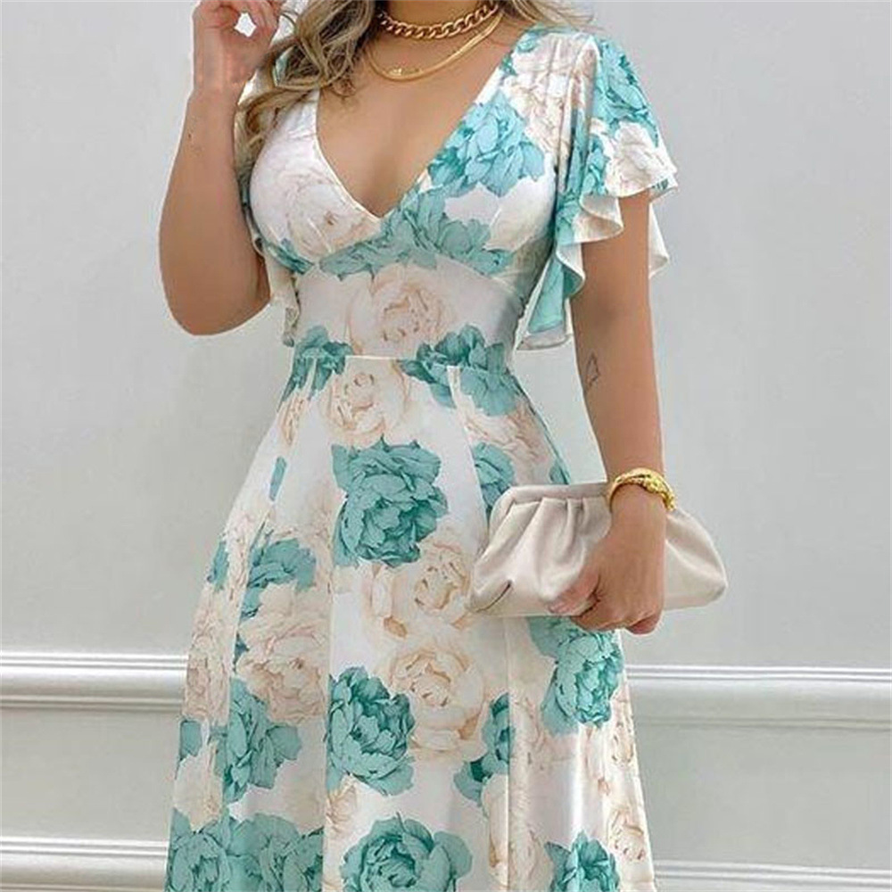 2023 Floral V-Neck Waist Wrap Print Large Swing Dress 连衣裙 - 图2