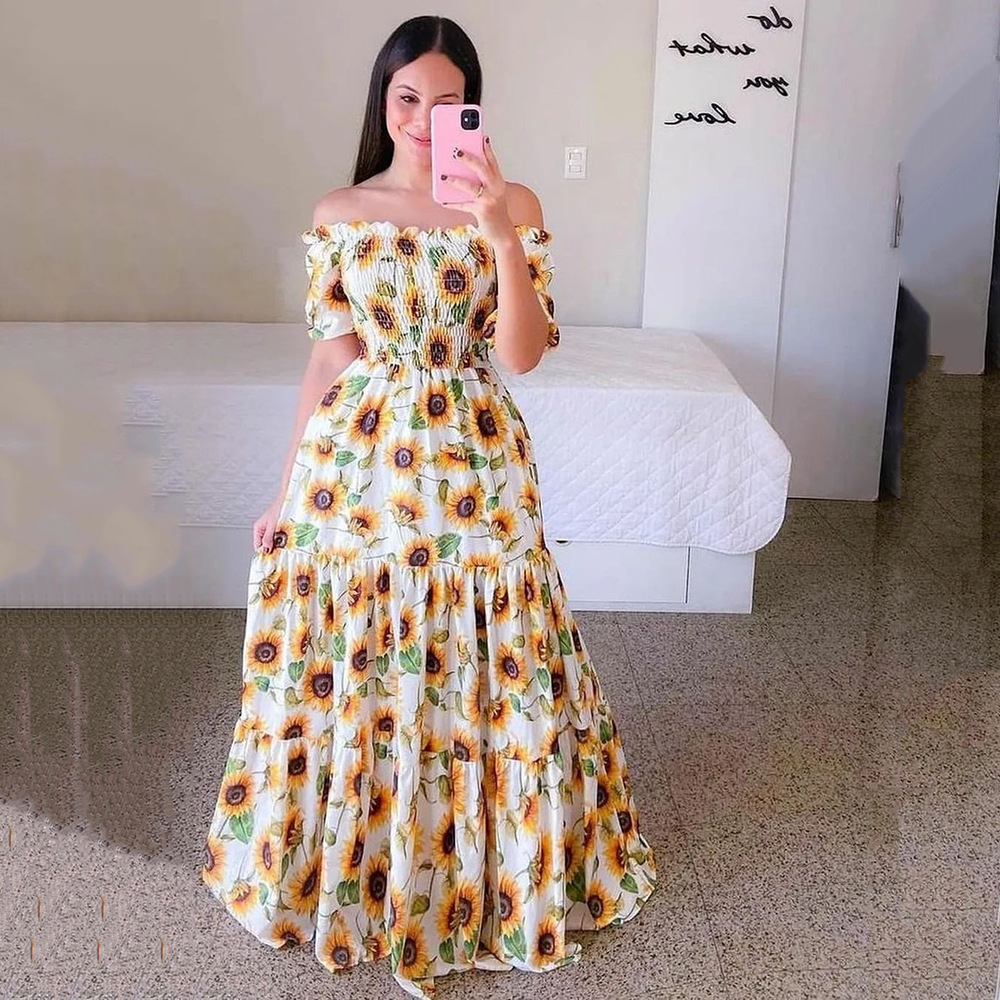 2023 Women's floral fashion off shoulder long printed skirt - 图2