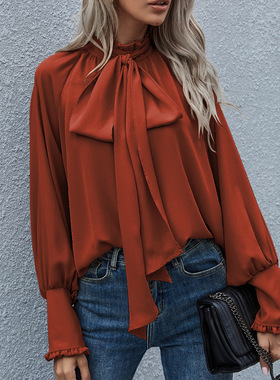 High neck bow tie tied bubble long sleeved women's loose top