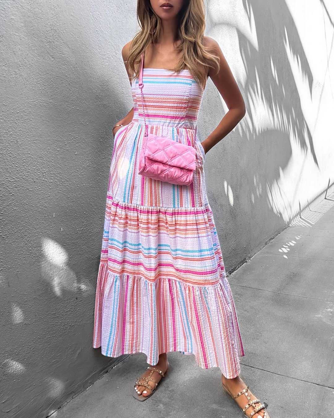 Women's fashion long summer striped suspender dress 条纹长裙 - 图1