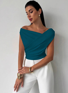 T-shirt women's slanted shoulder sleeveless short top T恤