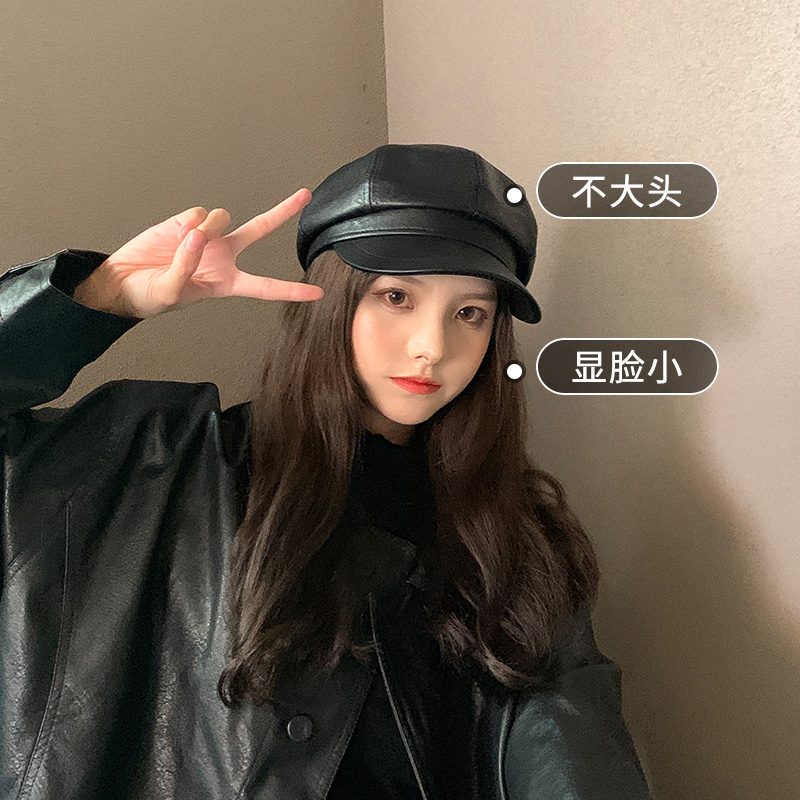 诗麦蝶旗舰店黑色贝雷帽女皮质英伦复古帽子秋冬百搭八角帽网红款韩版潮鸭舌帽0