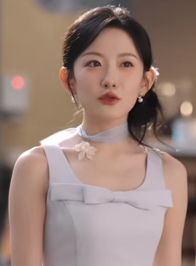 短剧请和我恋爱吧韩雨彤阮棠同款蓝色波点烫钻长丝带项链花朵颈链