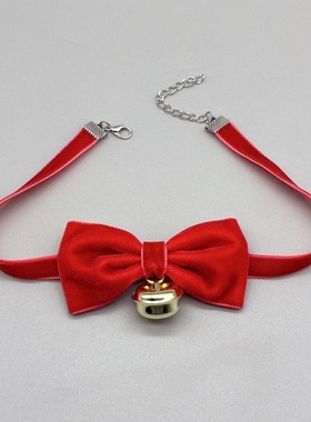 圣诞节甜美可爱红色丝绒蝴蝶结铃铛项链约会配饰项圈