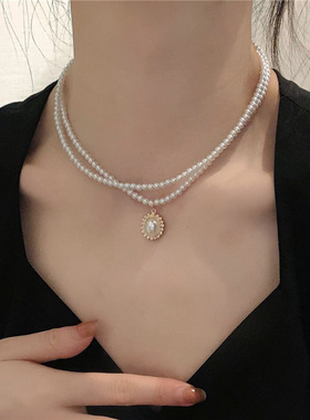 简约双层珍珠脖子吊坠项链
