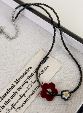 中餐厅第八季姜妍同款项链女红色花朵丝绒颈链小花串珠气质锁骨链