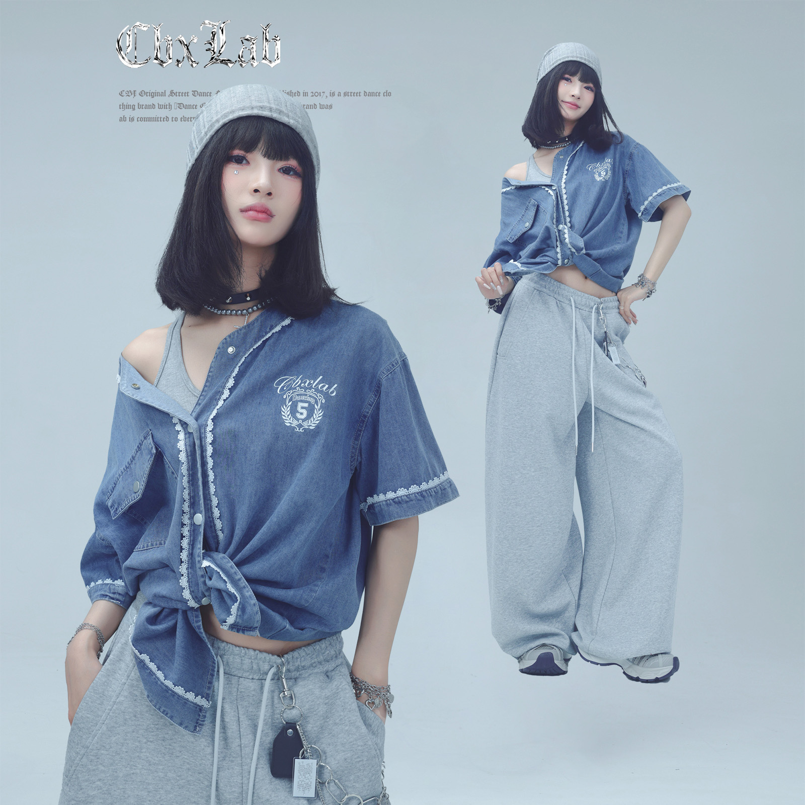 CBXLAB街舞潮牌【心动专区】复古水洗蕾丝花边牛仔棒球服衬衫 - 图0