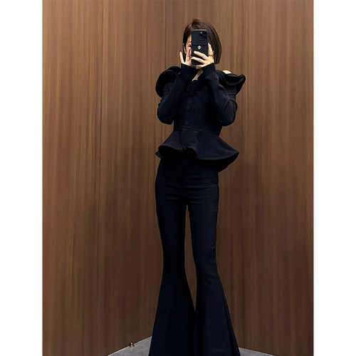 喇叭裤女秋冬加绒加厚黑色裤子高腰显瘦拖地裤垂感休闲长裤西装裤 - 图2