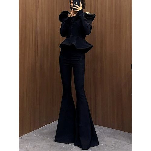 喇叭裤女秋冬加绒加厚黑色裤子高腰显瘦拖地裤垂感休闲长裤西装裤 - 图1