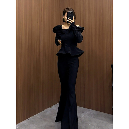 喇叭裤女秋冬加绒加厚黑色裤子高腰显瘦拖地裤垂感休闲长裤西装裤 - 图3