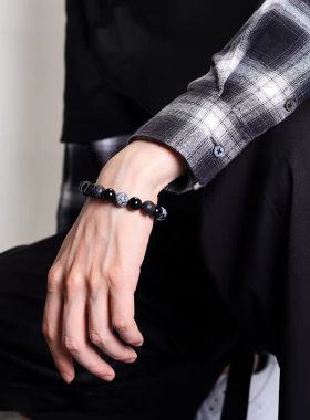 雪花纹黑曜石珠子串珠男士手链