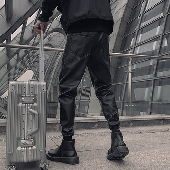 2023 Spring New Leather Pants Men's Casual Pants Slim Fit Small Feet Spiritual Guy Handsome Trendy Brand Pants Versatile Waterproof