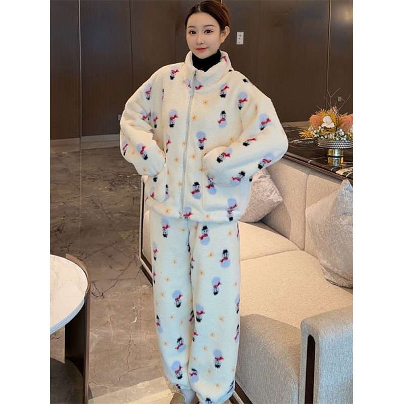卡通雪人珊瑚绒睡衣套装女秋冬新款加厚保暖立领拉链居家服两件套,淘宝优惠券,粉丝福利购,淘宝优惠卷
