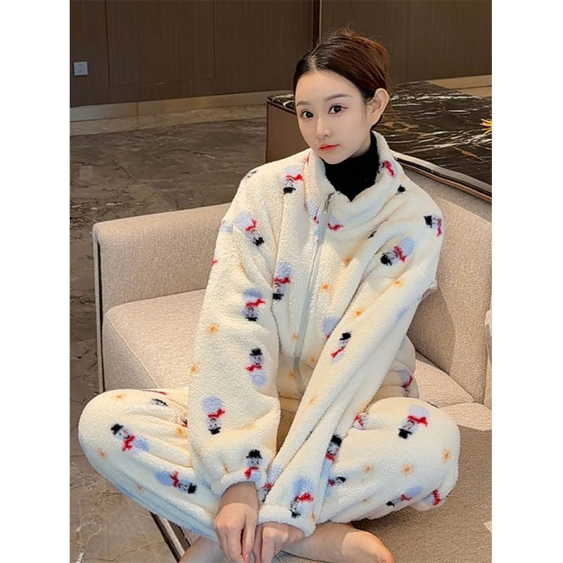 卡通雪人珊瑚绒睡衣套装女秋冬新款加厚保暖立领拉链居家服两件套,淘宝优惠券,粉丝福利购,淘宝优惠卷