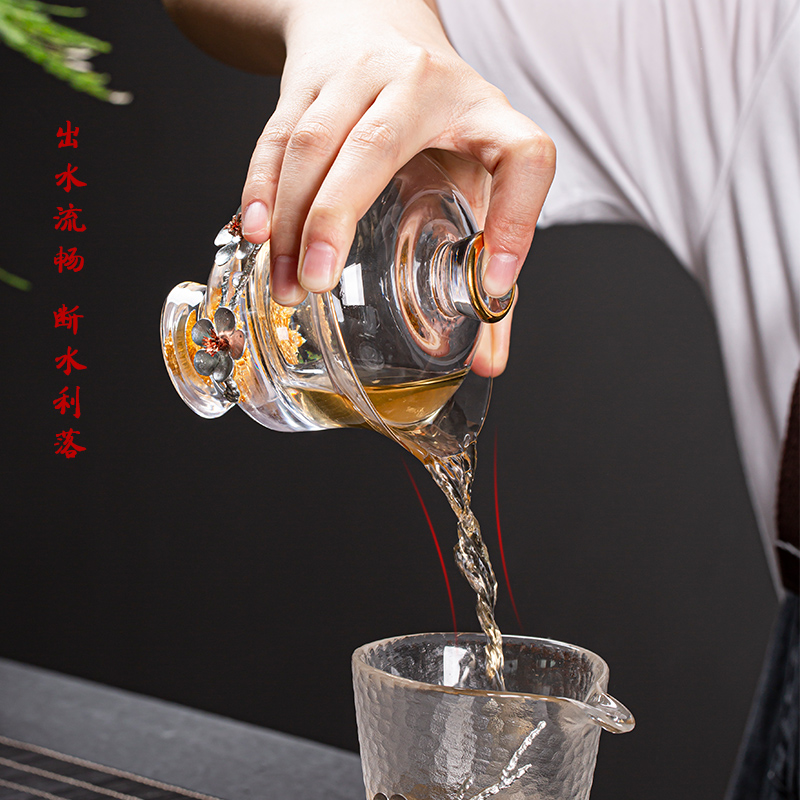 日式耐热玻璃藏金盖碗泡茶碗加厚大号功夫茶具金边透明手抓碗茶杯 - 图2