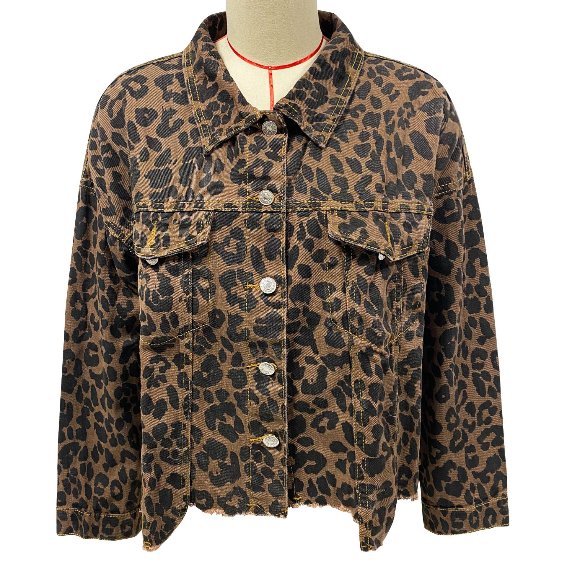 欧美2023秋豹纹牛仔外套 Leopard print denim jacket for women-图2