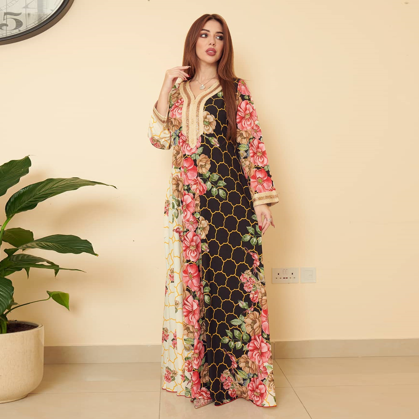 Middle East National Style Lace hot diamond loose print dres - 图1