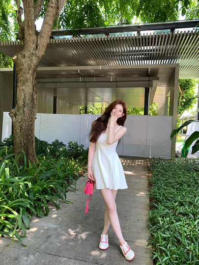 Alexstevens white square neck suspender dress feminine waist spring and summer slim skirt A-line skirt