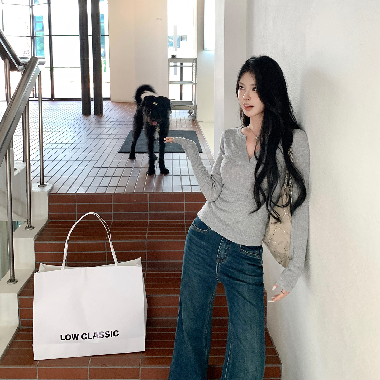 alex stevens复古蓝色微喇牛仔裤女冬季高腰显瘦阔腿裤喇叭长裤子 - 图2