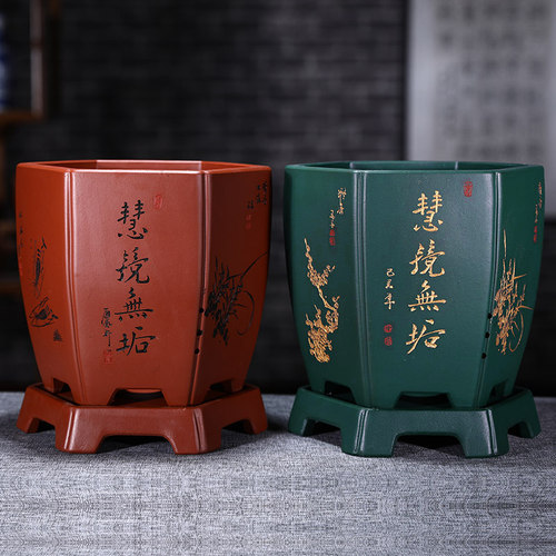 紫砂兰花盆君子兰盆家用室内桌面花盆带托盘高档六方形兰花专用盆 - 图0
