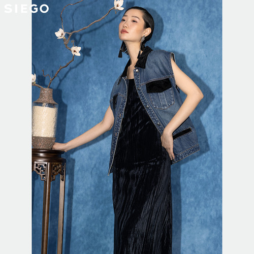 Siego西蔻绣花丝绒拼接牛仔马夹64526203 - 图1