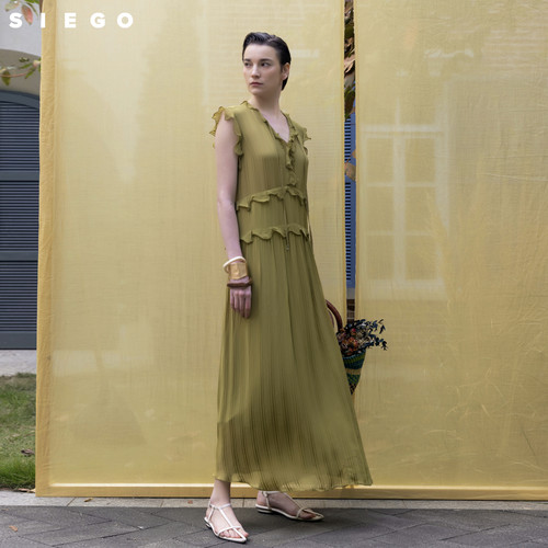 Siego西蔻柔软珠光条纹料度假风轻透荷叶边连衣裙64433334 - 图0