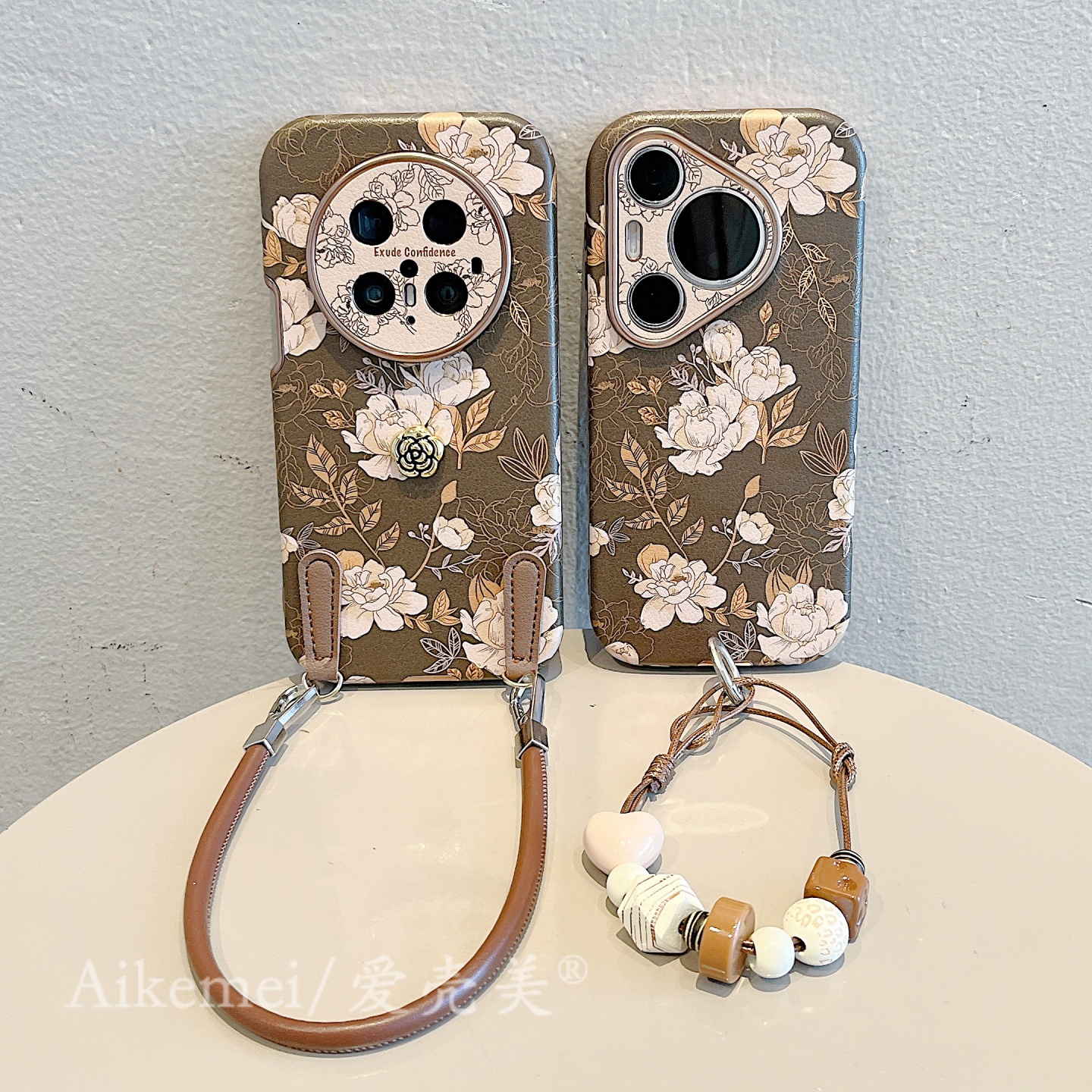 适用华为pura80pro+手机壳棕色复古素描花朵Pura70pro立体山茶花p70Ultra皮质大视窗mate70pro+挂绳防摔女款 - 图2