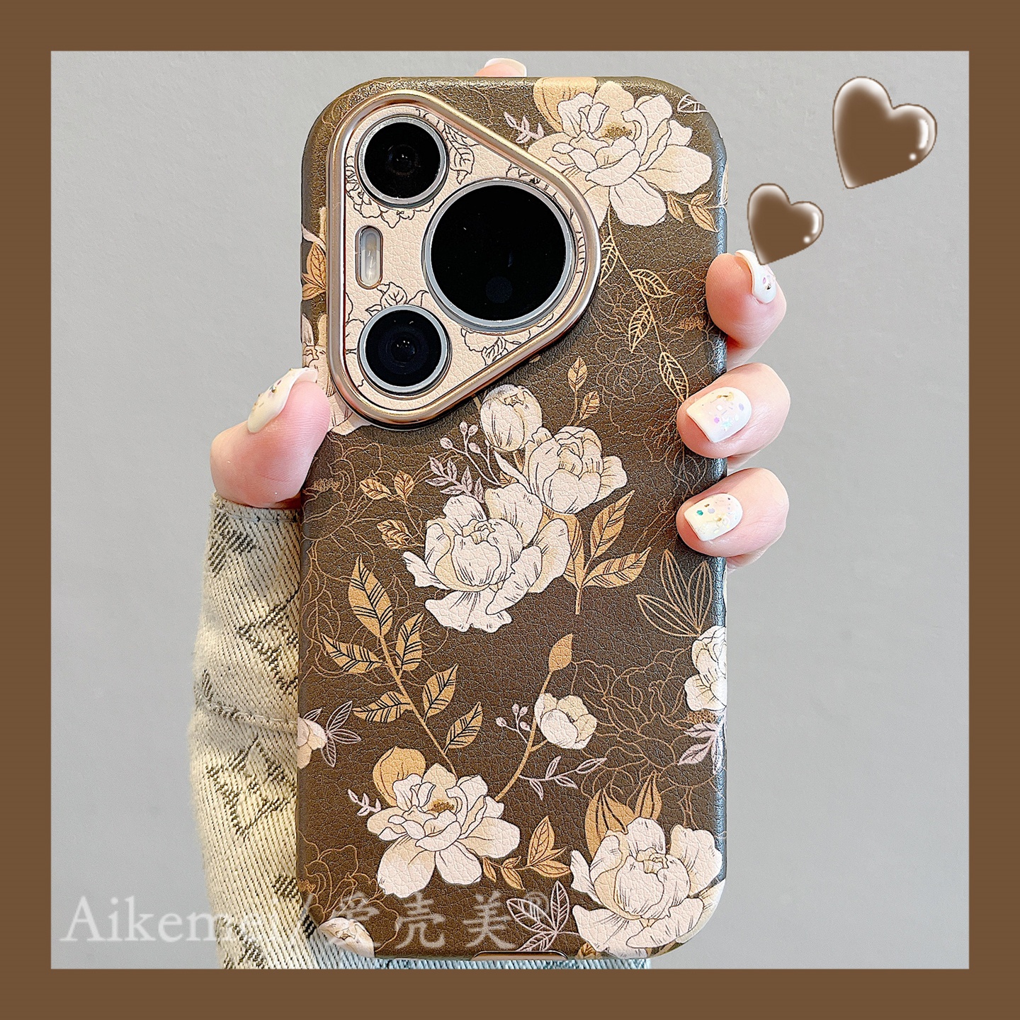 适用华为pura80pro+手机壳棕色复古素描花朵Pura70pro立体山茶花p70Ultra皮质大视窗mate70pro+挂绳防摔女款 - 图1