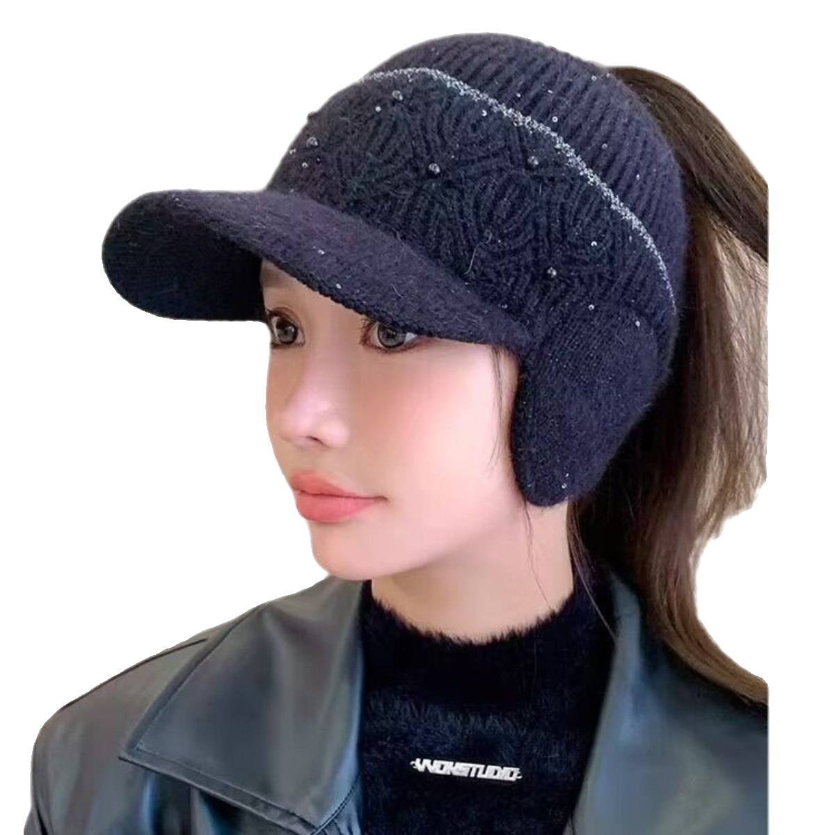 兔毛帽子女冬季2023新款空顶针织鸭舌帽骑车护耳保暖加厚毛线帽潮,淘宝优惠券,粉丝福利购,淘宝优惠卷