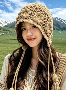 2026红色花朵手工针织帽女流苏