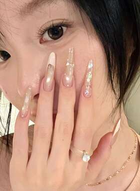 亮片皮粉手工美甲穿戴甲高级ins网红气质法式爆闪辣妹学生可