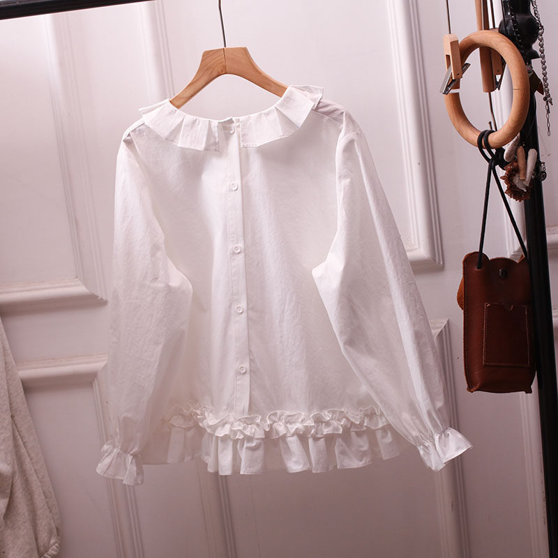 日系森女风荷叶边花边领白衬衫女娃娃衫长袖宽松百搭甜美上衣打底,淘宝优惠券,粉丝福利购,淘宝优惠卷