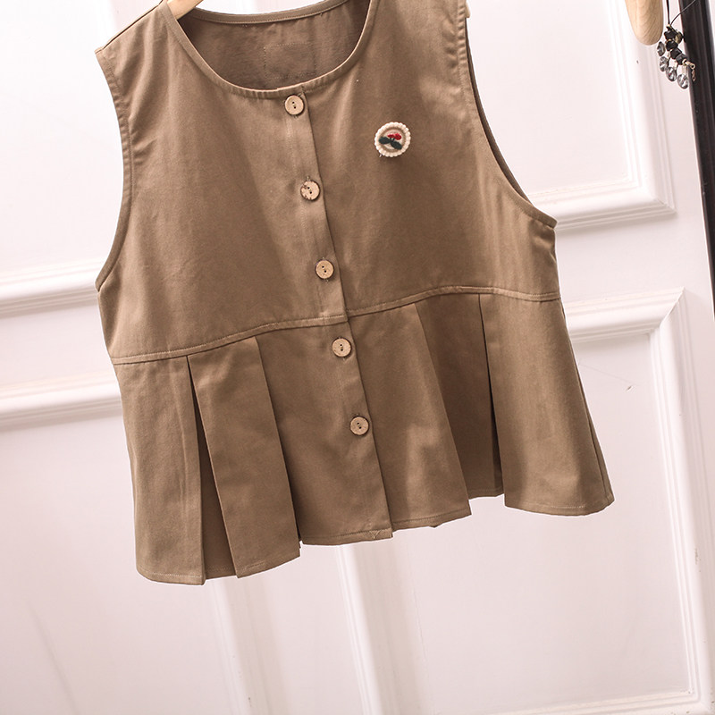 日系复古无袖马甲背心女上衣文艺工装宽松圆领荷叶边森女娃娃衫,淘宝优惠券,粉丝福利购,淘宝优惠卷