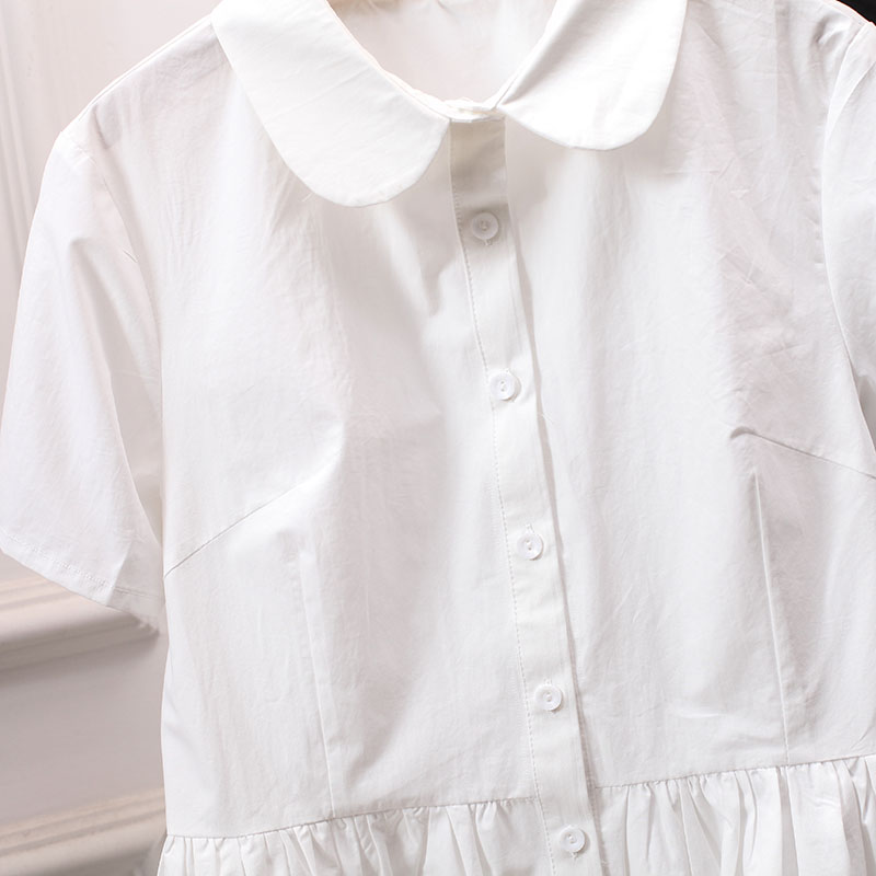 夏季娃娃领白衬衫日系百搭荷叶边文艺森女系设计感大码短袖上衣棉