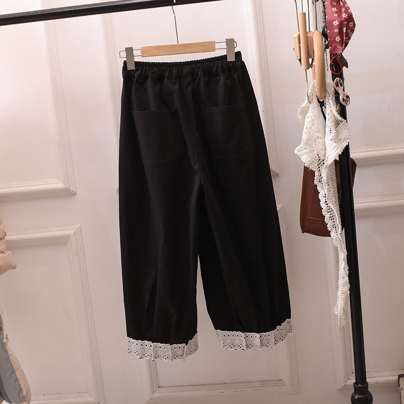 复古日韩系松紧腰蕾丝花边工装阔腿裤女哈伦裤休闲裤百搭显瘦大码,淘宝优惠券,粉丝福利购,淘宝优惠卷