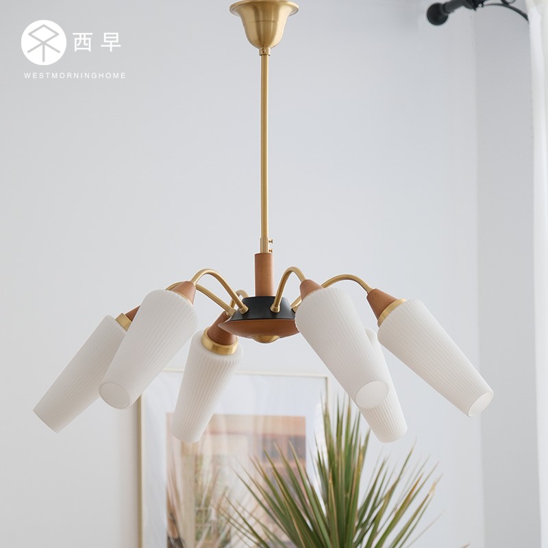 西早中古北欧vintage黄铜玉兰玻璃吊灯法式客厅卧室餐厅书房灯_虎窝淘