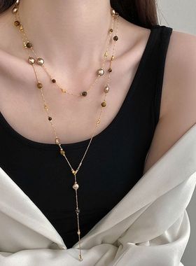 美拉德虎眼石珍珠项链女秋冬季2025爆款百搭轻奢高级感长款毛衣链