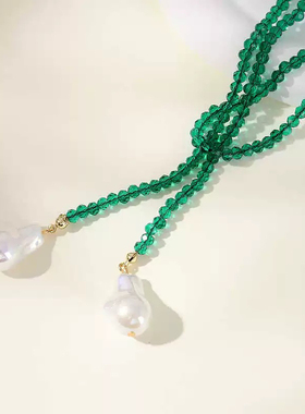 欧美小众复古祖母绿色刻面水晶串珠巴洛克珍珠可调节项链毛衣链女
