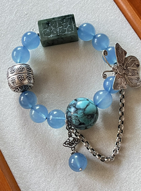 新中式国风原创天然海蓝宝水晶珠串绿松石翡翠复古老银手串手链女