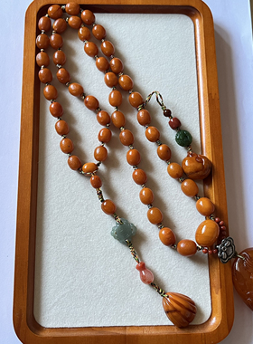 新中式国风原创天然老蜜蜡雕刻鱼吊坠枣珠项链复古长款毛衣链