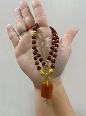 新中式国风原创天然原石老蜜蜡吊坠血珀琥珀珠串项链锁骨链毛衣链