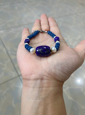 新中式国风原创设计天然青金石桶珠尼泊尔老琉璃珍珠手串手链