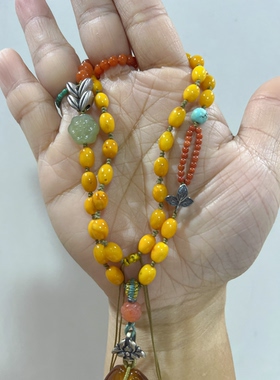 新中式国风原创天然金绞蜜蜜糖红吊坠鸡油黄蜜蜡枣珠项链毛衣链