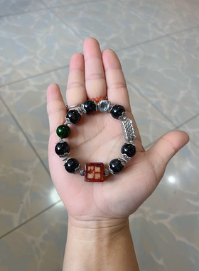 新中式国风原创设计天然黑发晶水晶红翡翡翠方牌老银复古小众手串