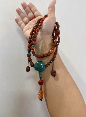 新中式国风原创设计天然南红原矿包浆随型绿松石珠串项链多圈手串