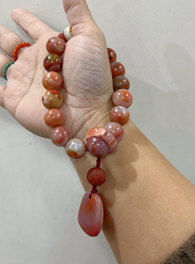 新中式国风原创设计天然南红玛瑙大山包包浆手持手串编绳